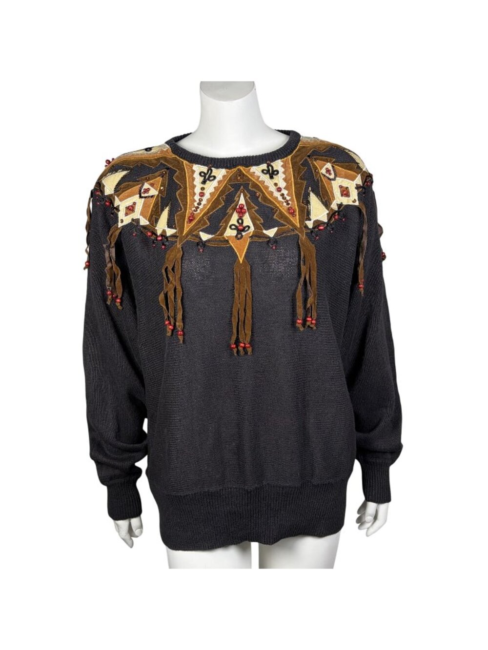 Vintage Cervelle Southwestern Sweater Womens XL Beaded Fringe Suede Accents